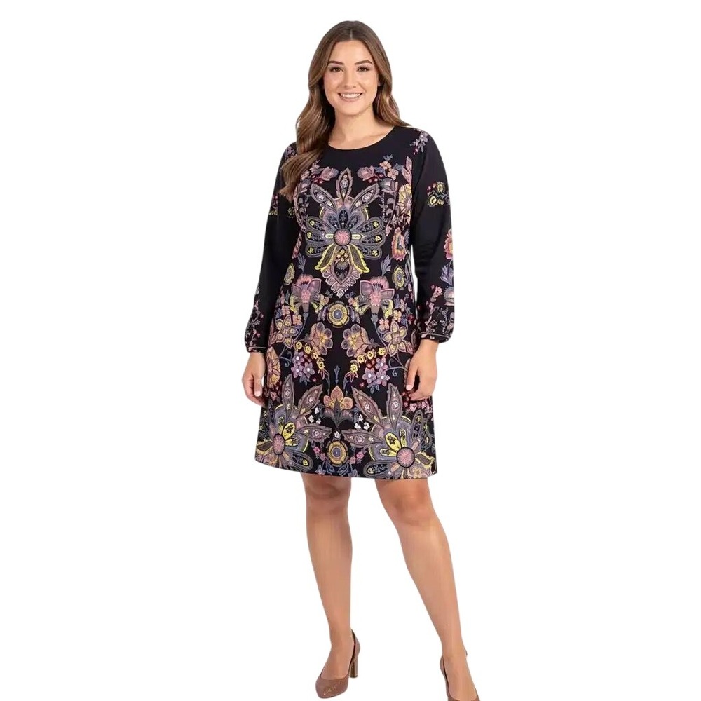 Ann Taylor LOFT Paisley Floral Shift Dress Black Multi 3/4 Sleeve NWT Size S NWT